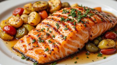 Güzel bir tabakta ızgara somon filetosu, lezzetli bir jöle serpiştirilmiş kiraz domates ve kabak içeren rengarenk bir sebze karışımı eşliğinde servis edilir..