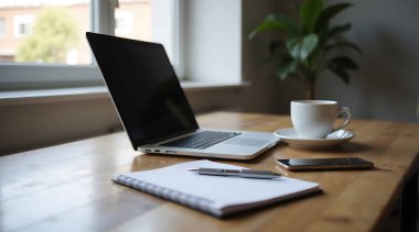 Temiz bir çalışma alanında dizüstü bilgisayar, kalemli bir defter, akıllı telefon ve bir fincan kahve bulunur. Doğal ışık odayı dolduruyor ve verimli bir atmosfer yaratıyor..