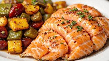 Bitkilerle süslenmiş mükemmel pişirilmiş somon fileto tabağına canlı sotelenmiş sebzeler eşlik eder. Bu cezbedici yemek her durum için mükemmeldir.