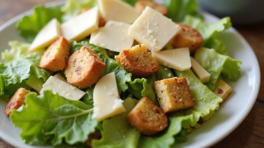 Kıtır yeşil marul, üzerinde altın kıtır ekmek ve kremalı peynir dilimleri olan canlı bir salatanın temelini oluşturur. Yemek, kırsal bir yemek deneyimi için beyaz bir tabakta hazırlandı..