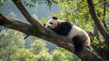 Tembel bir panda, Çin 'in sakin ormanlarında yemyeşil yapraklarla çevrili sağlam bir ağaç dalında huzur içinde uyukluyor ve doğada sakin bir anın tadını çıkarıyor..