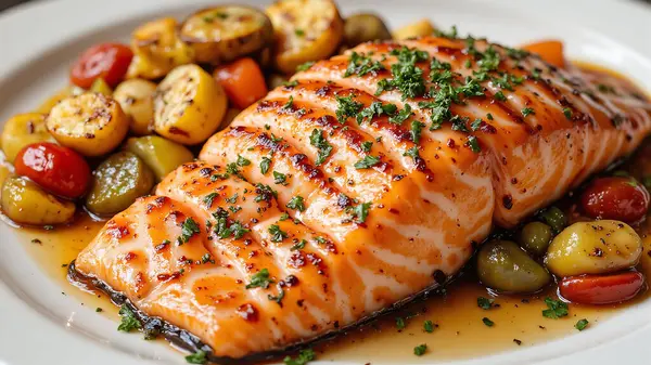 Güzel bir tabakta ızgara somon filetosu, lezzetli bir jöle serpiştirilmiş kiraz domates ve kabak içeren rengarenk bir sebze karışımı eşliğinde servis edilir..