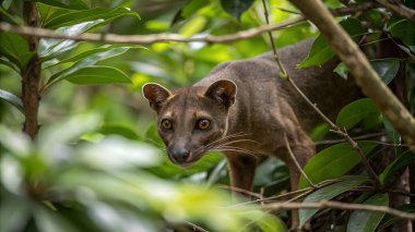 Madagaskar 'ın yemyeşil ekosisteminin yemyeşil yaprakları arasında, bir fossa çalılıklarda süzülüyor, büyüleyici çevikliğini ve bu sakin çölde keskin avlanma içgüdülerini gösteriyor..