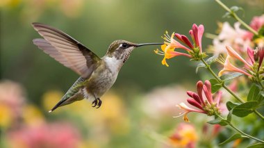 Büyüleyici bir sinekkuşu havada zarif bir şekilde süzülür ve parlak çiçeklere doğru hassas gagasını uzatır. Bereketli bahçe ortamı, doğanın güzelliğini artırmak için renkli bir zemin sağlar..