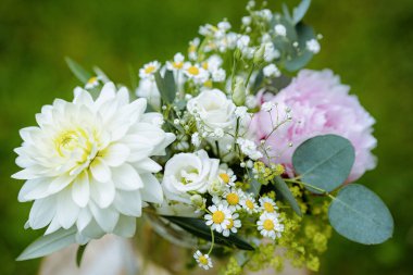 Bouquet of white chrysanthemum, pink peony and daisies on a green background. High quality photo clipart