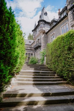 Medieval Brownstone Castle in Europe with Two Turrets, A staircase leading to a beautiful castle, green bushes grow on the sides. High quality photo clipart