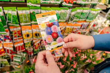 Bir bahçe malzemeleri dükkanında renkli bir tohum paketi tutan eller. Pakette çeşitli çiçek tohumları yer almaktadır ve ekran arka planda çok sayıda diğer bitki seçeneklerini göstermektedir