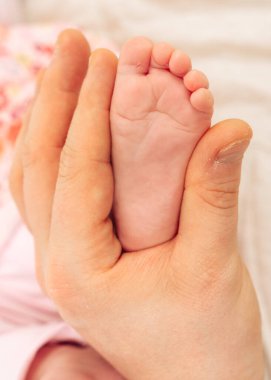 Yumuşak, yeni doğmuş bir bebek ayağı, güven, sıcaklık ve yeni hayatın değerli bağını gösteren bir ebeveynin elinde güvenle dinleniyor. Hassas ve iç açıcı bir ilgi ve aile sevgisi sembolü