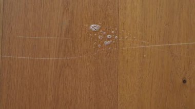 Ahşap döşeme yüzeyindeki su lekeleri ve çizikler hasarı ve yıpranmayı gösteriyor. Çiziklerden kurtulmak için yağ sürüp yere sürtünüyorlar.