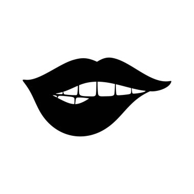 Beyaz arka planda dudak ısırığı. Diş logosu amblemli dudaklar vektör illüstrasyonu işareti
