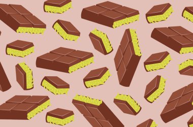 Chocolate pieces with pistachio nuts. Sweet dessert concept, perfect for confectionery design.