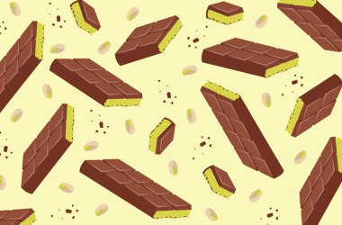 Chocolate pieces with pistachio nuts. Sweet dessert concept, perfect for confectionery design.