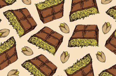 Chocolate pieces with pistachio nuts. Sweet dessert concept, perfect for confectionery design.