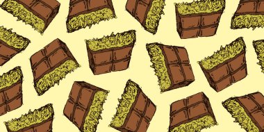 Chocolate pieces with pistachio nuts. Sweet dessert concept, perfect for confectionery design.