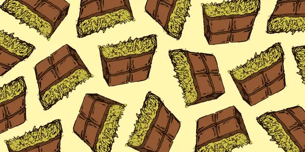 Chocolate pieces with pistachio nuts. Sweet dessert concept, perfect for confectionery design.