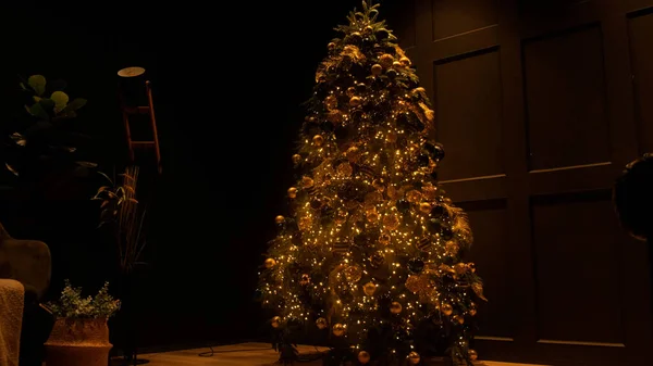 Nytår Træ Med Julepynt Lys Pejs - Stock-foto