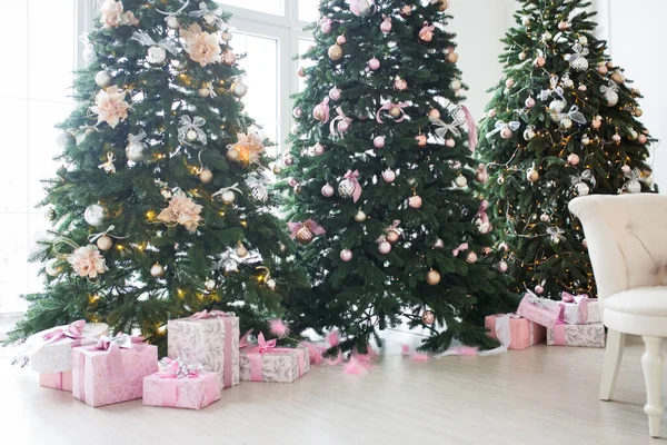 三棵优雅的圣诞树在一间明亮的房间里 新年及圣诞节 — 图库照片