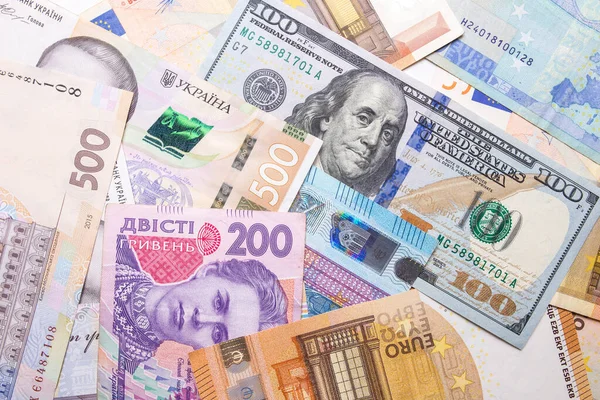Dollar Euro Hryvnia Närbild Strukturen Valutorna Olika Länder — Stockfoto