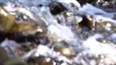 Bulanık video. Derede kayalar, pürüzsüz akan su, yakın plan..