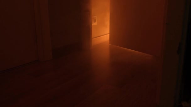 部屋の煙でアパートの火災 ドアの後ろのアパートの煙 — ストック動画