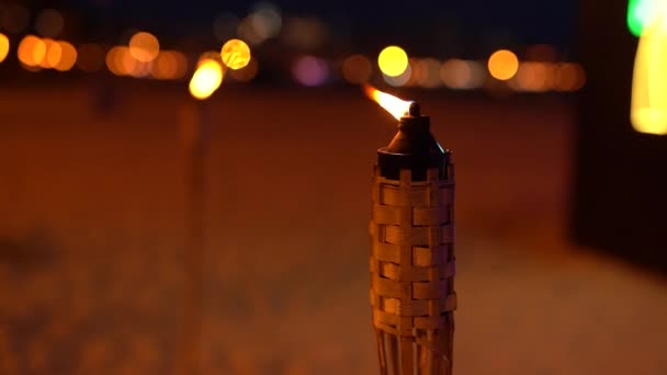 Une Torche Brûlante Nuit Sur Plage Dans Contexte Bar Close — Video