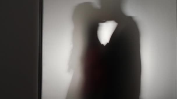 Silhueta Casal Apaixonado Beijando Atrás Vidro Movimento Lento — Vídeo de Stock