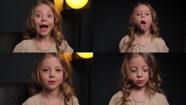 Kolaż Szczęśliwych Uśmiechniętych Twarzy Dzieci Dziewczyna Różnymi Emocjami Twarzy Jednym — Wideo stockowe