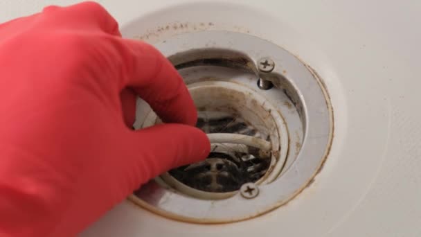 水池的排水管塞上塞满了大量的头发和泥土 穿着橡胶手套的管道工打开了淋浴间的下水道 — 图库视频影像
