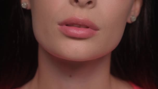 Beautiful Lips Close Makeup Lip Matte Lipstick Girl Bites Her — Stock Video