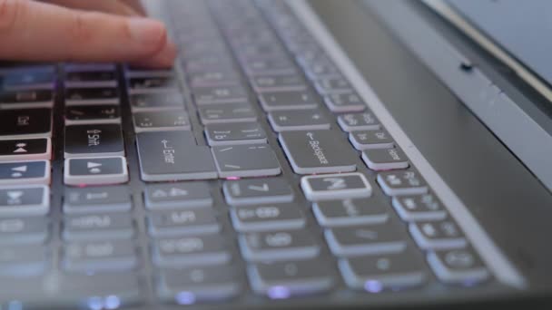 Male Hand Writes Keyboard Black Laptop Presses Enter Close — Stock Video