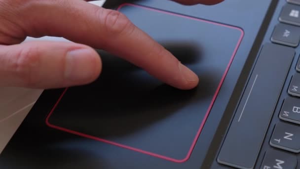 Close Mans Fingers Working Touchpad Black Modern Laptop — Stock Video