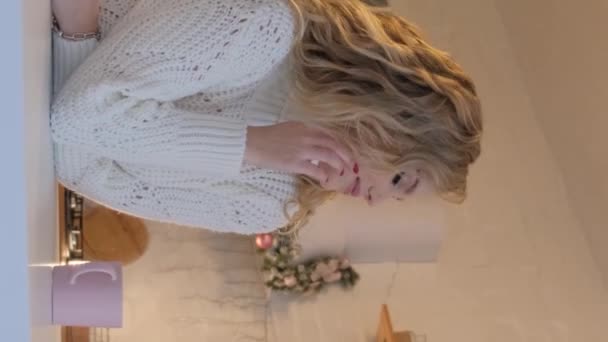 Beautiful Blonde Warm Sweater Cup Tea Close Portrait Vertical Video — Stock Video
