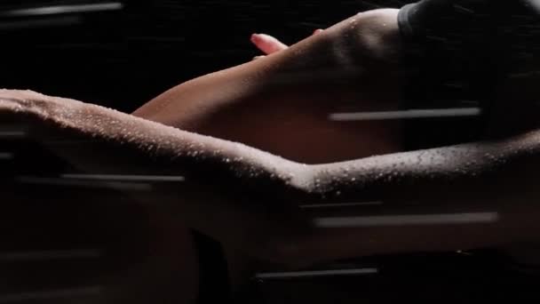 Girl Beautiful Figure Lingerie Shower Black Background Vertical Video — Stock Video