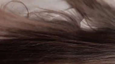 Dikey video. Stüdyoda gri bir arka plana karşı duran esmer bir kadın arkasında duruyor ve saçını büyütüyor. Güzel saçlarla ilgilenmek.