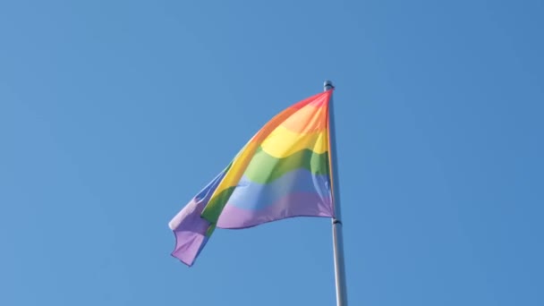 Uma Bandeira Arco Íris Símbolo Comunidade Lgbt Agitando Vento Contra — Vídeo de Stock
