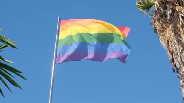Tęczowa Flaga Symbol Społeczności Lgbt Trzepocząca Wietrze Przed Błękitnym Niebem — Wideo stockowe