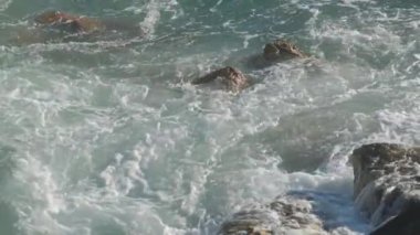 Deniz dalgaları taşların üzerinde yuvarlanıyor