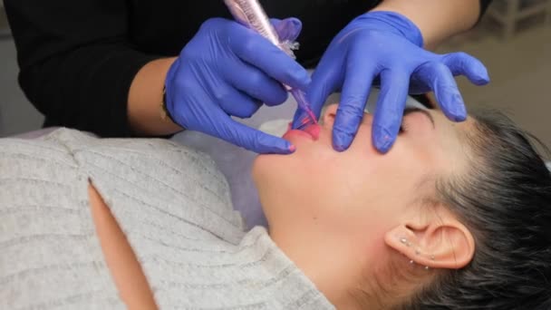 Mujer Joven Que Tiene Maquillaje Permanente Los Labios Salón Belleza — Vídeo de stock