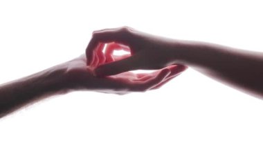 Romantik insanların beyaz bir arka planda el ele tutuşması. Bir çift sevgi dolu el birleşsin.