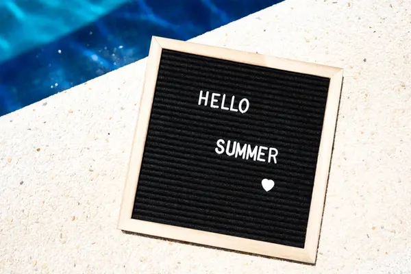 Hello Summer Text Chalkboard Pool Background Summer Sunny Day Stock Picture