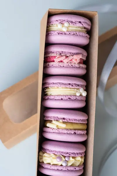 Macaroons Different Fillings Box Close Stock Photo
