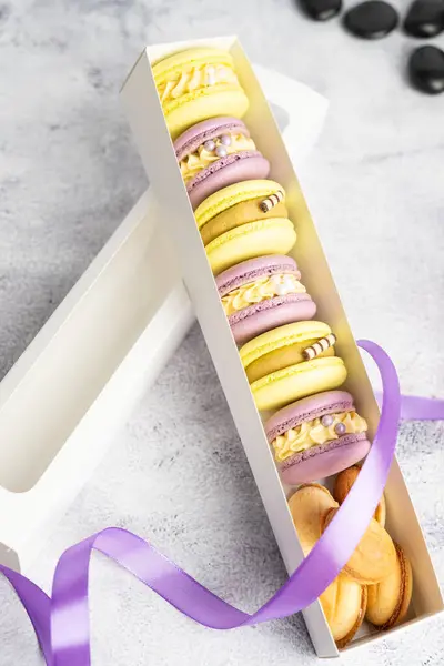 Macaroons Different Fillings Box Close Stock Image