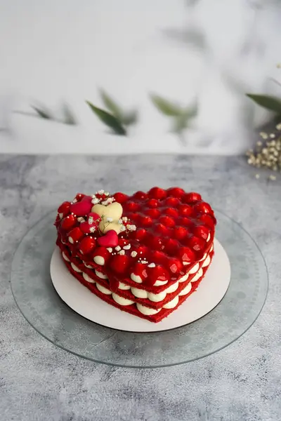 Strawberry Cake Shape Heart Side View Gray Background Stock Picture