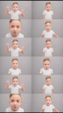 Farklı duyguları olan beyaz tişörtlü küçük bir çocuğun kolaj portresi. Dikey video.
