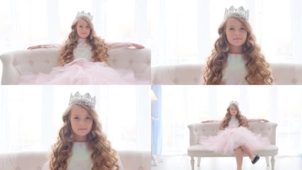 Ein Junges Mädchen Mit Krone Rosa Kleid Sitzt Auf Einem — Stockvideo
