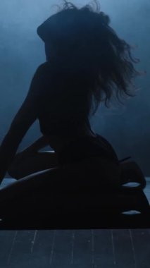 Mavi dumanla erotik dans eden seksi bir kızın silueti. Dikey video.