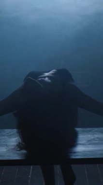 Mavi dumanla erotik dans eden seksi bir kızın silueti. Dikey video.