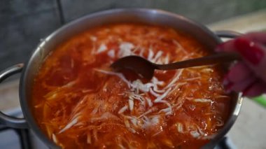 Borscht, Geleneksel Rus Çorbası Hazırlama, Ukrayna Çorbası Borscht Yakın plan.