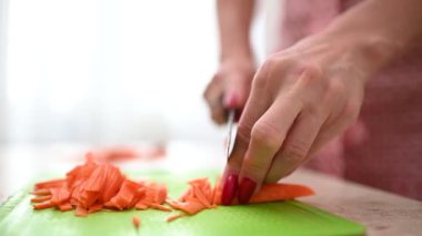 Havuç kesen bir kadının yakın çekimi..