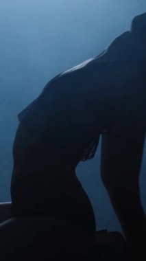 Mavi dumanla erotik dans eden seksi bir kızın silueti. Dikey video.